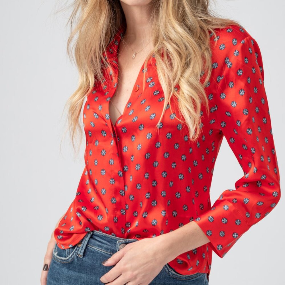 L'AGENCE Silk Jil Blouse in Royal Red Multi Maestro - Picture 2 of 5